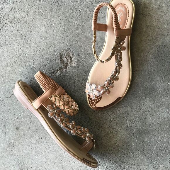 Restocked! Italina Peachy Tan Floral Rhinestone Gold Woven Flat Sandal - Picture 4 of 12